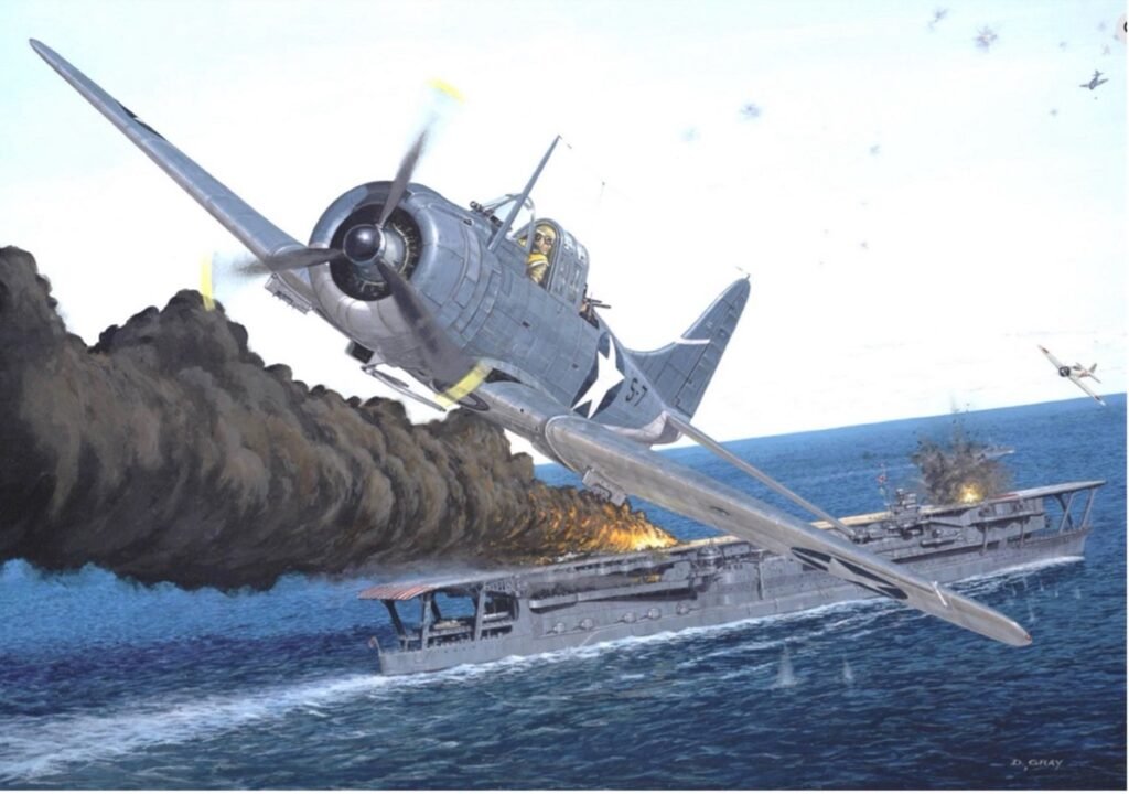Image Aviation artist David Gray's depiction of LT. Dusty Kleiss's diving attack on Kaga, LT Earl Gallaher scored the first hit